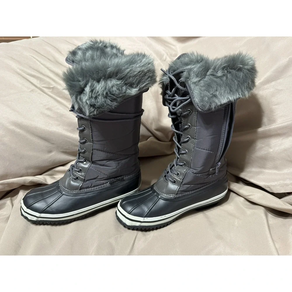 NORD TRAIL EMMA RUBBER BOOTS 6M‎ CHARCOAL  FAUX FUR THINSULATE Snow Warmth